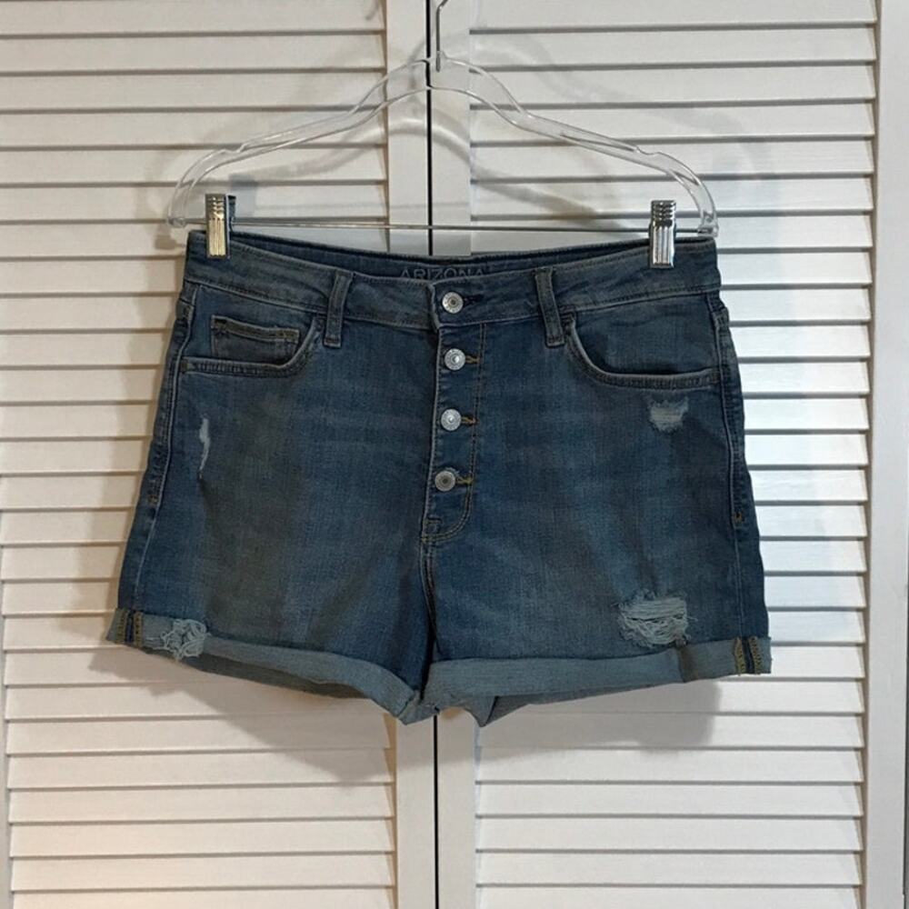 Arizona Jean Co Blue Distressed Button Fly Hi Rise Denim Shorts Juniors 11